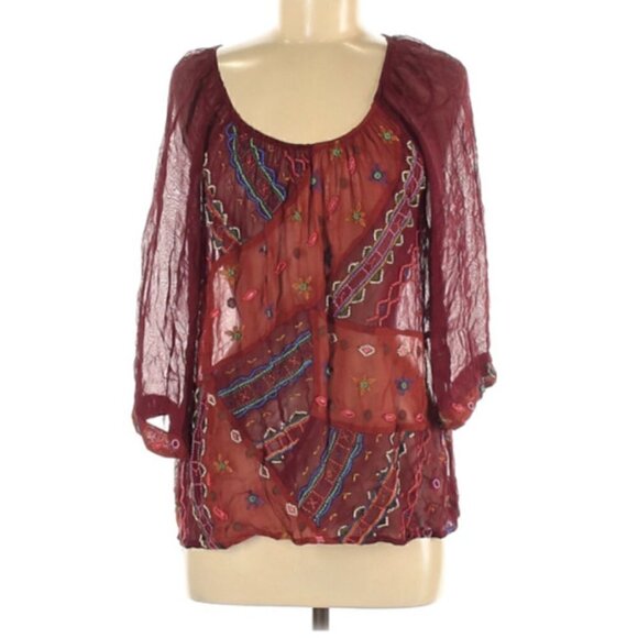 Lucky Brand Blouse M Sheer Beaded Boho Top Embroidered Burgundy Festival Gypsy - Picture 1 of 4
